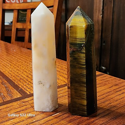 #ad Lot of 2 Crystal Yellow Agate And Tiger Eye Column Pillars $17.50