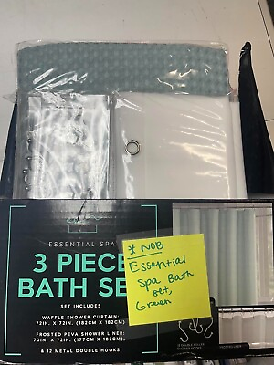 #ad Essential Spa 3 Piece Bath Set Green with Liner and 12 Metal Hooks Opened Box $16.95