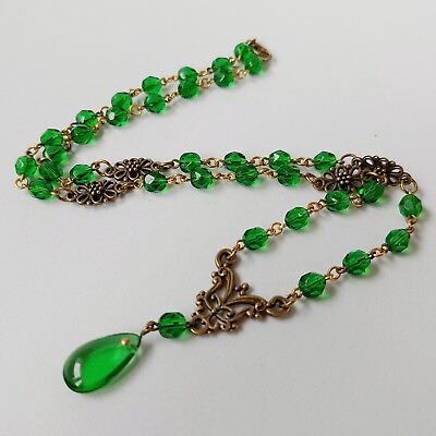#ad Vintage Necklace 20#x27;#x27; Green Czech Glass Beads Vintage Women`s Jewelry Art Deco $40.00