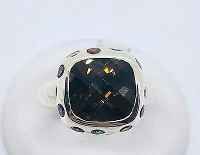 #ad 925 Sterling Silver Large Square Ring 16mm With Smokey Topaz amp; Multicolor Stones $180.49