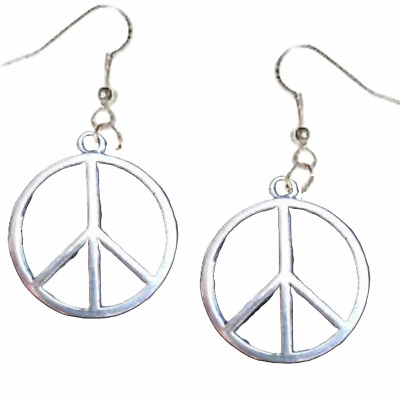 #ad Funky Retro PEACE SIGN EARRINGS Flower Child Charm Hippy Novelty Jewelry SILVER $6.97