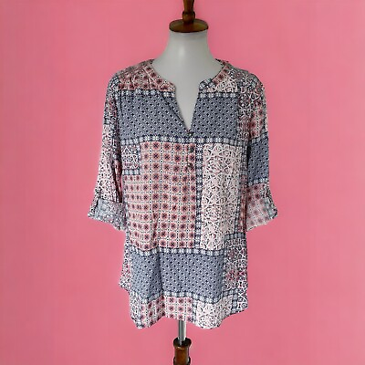 #ad Kim Rogers Petite Tunic Blouse Top Shirt 3 4 Sleeve Roll Tab Rayon Geometric $17.50