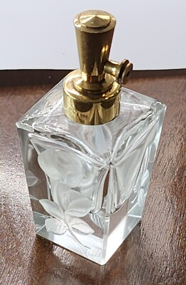 #ad Vintage Glass Perfume Bottle Etched Rose Square Vanity Bedroom Decor Atomizer $15.00
