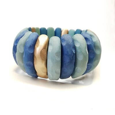 #ad Blue Wooden Expanding Bracelet Chunky Cuff Bangle Statement Jewellery Mother GBP 12.00