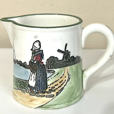 #ad Antique Zell Germany Hand Painted Dutch Scene Cream Pitcher Girl Windmill Decor $18.88