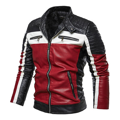 #ad Outwear Men#x27;s Leather Jacket Slim Fit Thick Winter Zipper Motorcycle race Biker $58.80