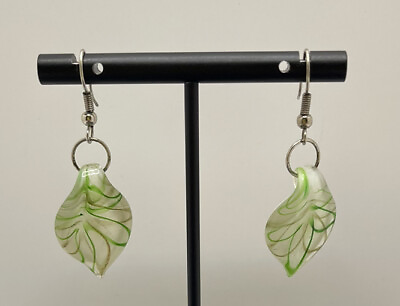 #ad White amp; Green Teardrop? Leaf? Glass French Wire Earrings Unmarked $4.99