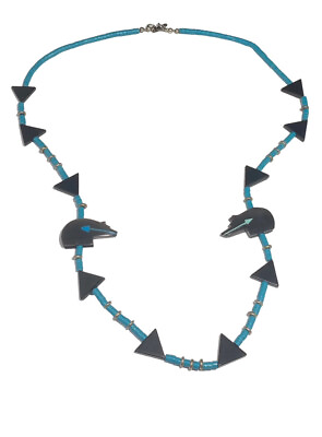 #ad Native American Zuni Fetish Necklace Turquoise Beaded Onyx Bears Geometric $157.50