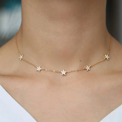 #ad 925 Sterling Silver CZ Multi Station Star Choker Necklace 18k Gold Plated $40.00