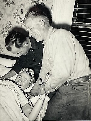 #ad 1D Photograph Old Man Men Pulling Woman Out Of Bed 1955 Smiling $14.96