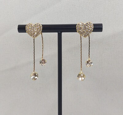 #ad 2 Piece Post Pierced Earrings Drop Dangle Heart Gold Tone Clear Rhinestones $4.00
