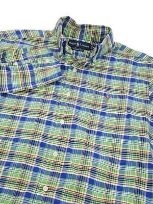 #ad Ralph Lauren Mens Classic Shirt Green Blue Button Down Oxford Medium Brown Pony $25.00