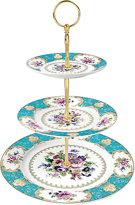 #ad Fanquare 3 Tier Porcelain Cake Stand Blue Vintage Cupcake Stand Display Tower $53.99