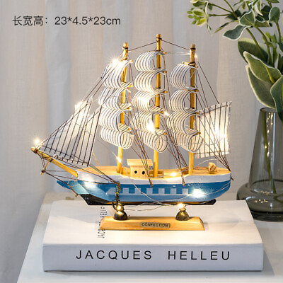 #ad Wooden Sailboat With Lamp Crafts Boat Gift Ship Model Desktop Decor Miniatures $12.71