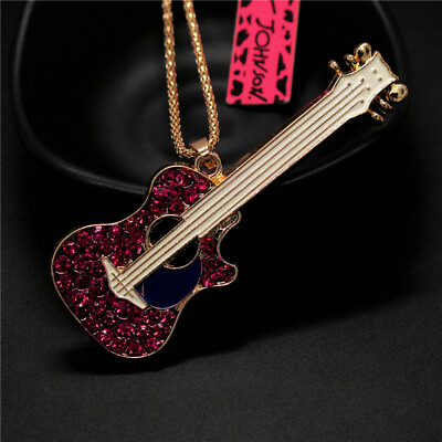 #ad Fashion Women Rosa Enamel Crystal Guitar Pendant Sweater Chain Lady Necklace $3.95
