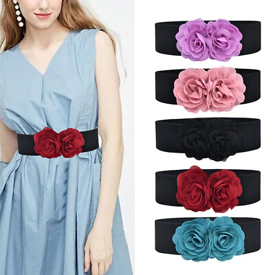 #ad Women Stretchy Belt Waistband Flower Elastic Wide Waist Dresses Shirt Skirt Belt $9.79