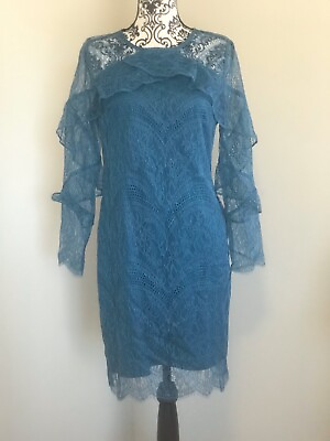 #ad Nanette Lepore Blue Lace Shift Dress Mini Ruffle Sleeve Keyhole Turquoise 6 NEW $32.50