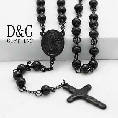 #ad #ad DG 26quot; Stainless Steel.Black Beaded Rosary VIRGIN MARYJESUS CROSS NecklaceBOX $16.99