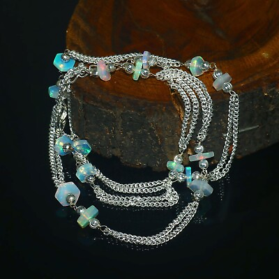 #ad Ethiopian Opal Chain Necklace Stunning Opal Beaded Sterling 925 Silver Necklace $68.83