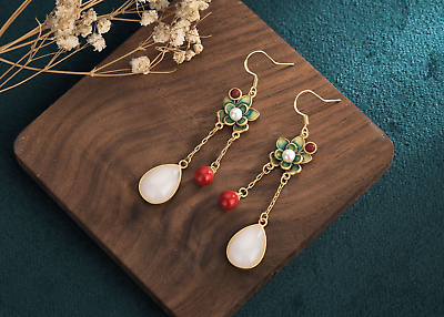#ad Jade Bohemian Drop Dangle Earrings Flower Dainty Gemstone Hook 18K Gold Plated $12.95