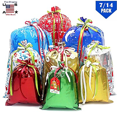 14 × Christmas Drawstring Gift Bags Set Big Xmas Wrapping Candy Bags 12.5quot; USA $11.96