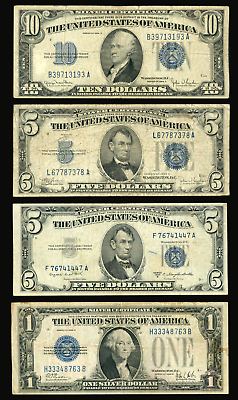 #ad 4 Silver Certificates $1 $5 $10 Rarer Dates 1928 Funny Back 1934 1953 VG F $82.99