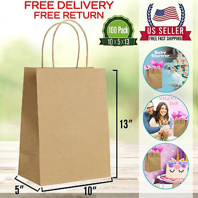 #ad 100Pcs Brown Paper Shopping Kraft Retail Gift Merchandise Bags With Handles m $35.95