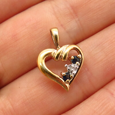 #ad 925 Sterling Gold Plated Real Diamond Accent amp; Sapphire Gem Open Heart Pendant $19.99