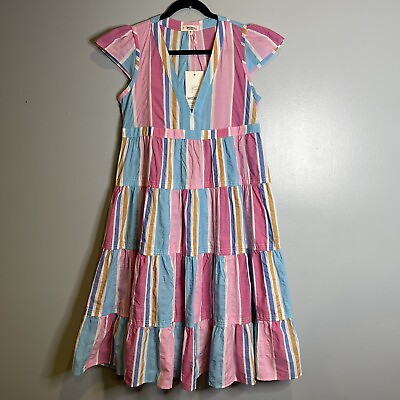 #ad LEMLEM Jima Dress Banu Striped V Neck Aqua Midi Summer Tiered Women’s Size Small $75.00
