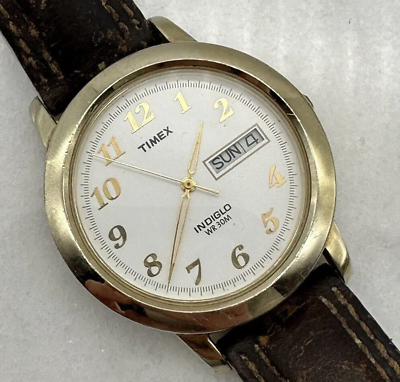 #ad Timex Mens Easy Reader Day Date Brown Leather Quartz Indiglo New Battery $17.99