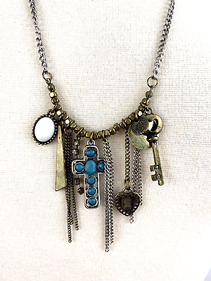 Long Boho Charm Necklace Two Tone Cross Skeleton Key Heart Dangling Chains $8.45