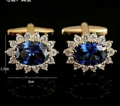 #ad 4 Carat Lab Created Blue Sapphire Men#x27;s Cufflinks 14K Yellow Gold Plated Silver $152.88