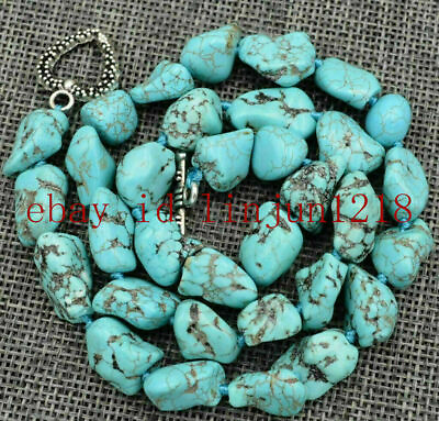 #ad Natural 10 12mm Blue Turquoise Gemstone Chunk Beads Necklace Tibetan Silver 18quot; $3.95
