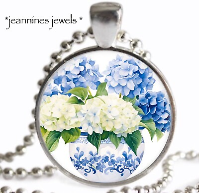 #ad Hydrangeas NECKLACE Blue White Flowers Watercolor Art Print Silver Charm Pendant $21.99