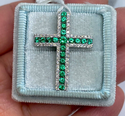 #ad 2Ct Round Cut Simulated Emerald Engagement Cross Pendant 14K White Gold Plated $127.35