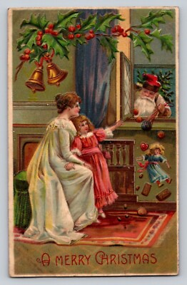 #ad Gray Santa Claus Dropping Toys Through Window Girl Germany Christmas c1910 P208 $27.99
