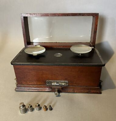 #ad Vintage Antique Wooden Cased Torsion Balance Co. Scale with Little Weights $189.00