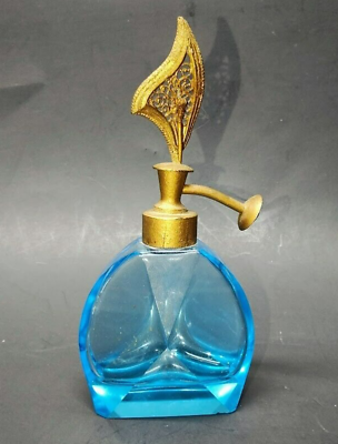 #ad Antique Art Deco Cut Glass Perfume Atomizer Bottle blue $29.95