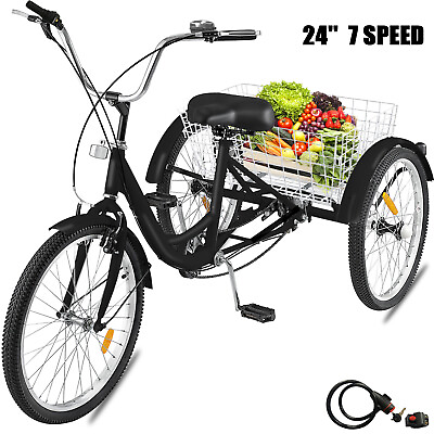#ad Adult Tricycle 24quot; 7 Speeds Trike 3 Wheel Bicycle w Basket amp; Lock for Shopping $177.99