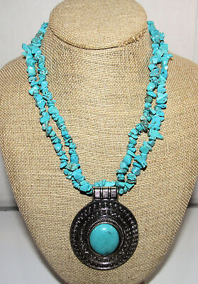 #ad Southwestern Faux Turquoise Beaded Nugget Oval Pendant Necklace Statement Chunky $19.98