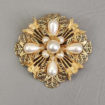 #ad Faux Pearl Brooch Vtg White Teardrop Round Gold Tone Filigree Jewelry Pin 2.25quot; $28.00