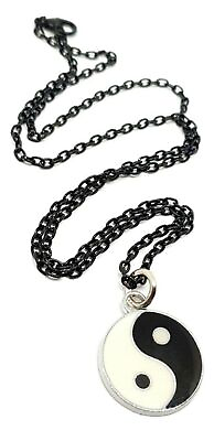 #ad Yin Yang Necklace Balanced Universe Enamelled Pendant Black 20quot; Chain Jewellery $7.08