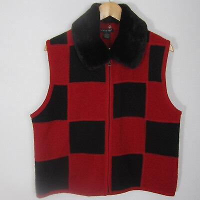 #ad Vtg Tally Ho Womens XL Red Black Boiled Wool Zip Vest Removable Faux Fur Collar $48.99