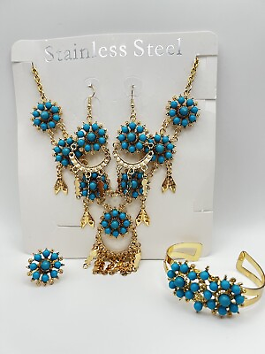 #ad Jewelry Set Stainless Steel NecklaceHook EarringsAdjustable RingCuff Bracelet $14.38