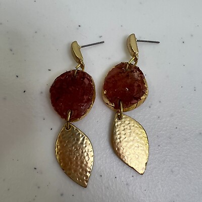 #ad Red Druzy Earrings Gold Tone Dangle Charm Beaded Hammered Teardrop Geode Look $8.99