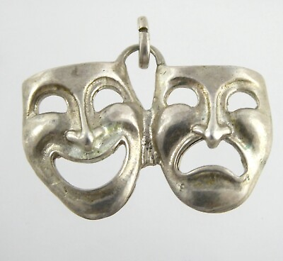 #ad Vintage Sterling Silver Drama Mask Pendant Happy Sad Masks 925 4.3g 1 Inch Long $25.50
