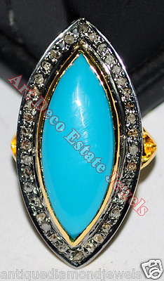 #ad 1.11ct Rose Cut Diamond Antique 925 Silver Turquoise Gemstone Cocktail Ring $301.99