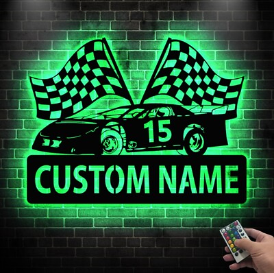 #ad Race Car Custom Name Metal Sign LED Light Race Car Sign Dirt Track Racing Sign $79.99