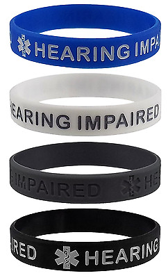 HEARING IMPAIRED Medical Alert ID Silicone Bracelets Adult Size 4 Pack $11.95