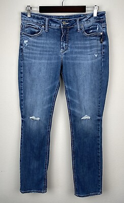 #ad Silver Womens Elyse Straight Size 30x31 Distressed Dark Blue Stretch Denim Jeans $21.95